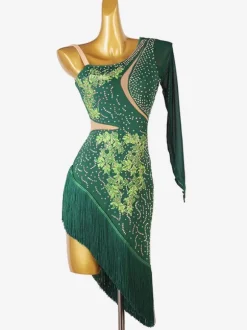 Latin Dance Dresses Dark Green Women's Rhinestones Fringe Backless Sexy Lycra Spandex Dress Dancing Costume