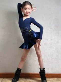 Latin Dance Dresses Dark Navy Girls Long Sleeves Shaping Polyester Latin Dance Costumes