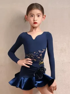 Latin Dance Dresses Dark Navy Girls Long Sleeves Shaping Polyester Latin Dance Costumes