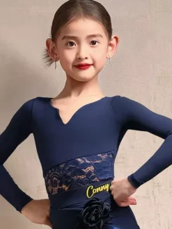 Latin Dance Dresses Dark Navy Girls Long Sleeves Shaping Polyester Latin Dance Costumes