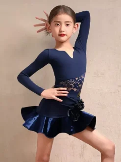 Latin Dance Dresses Dark Navy Girls Long Sleeves Shaping Polyester Latin Dance Costumes
