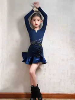Latin Dance Dresses Dark Navy Girls Long Sleeves Shaping Polyester Latin Dance Costumes