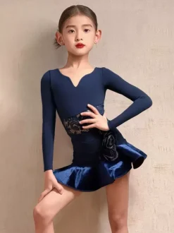 Latin Dance Dresses Dark Navy Girls Long Sleeves Shaping Polyester Latin Dance Costumes