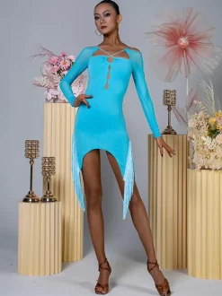 Latin Dance Dresses Light Sky Blue Women's Ruffles Asymmetrical Set Elegant Polyester Dress Dancing Wear