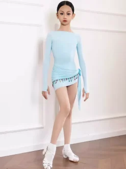 Latin Dance Dresses Light Sky Blue Womens Girls Adult Shaping Set Long Sleeves Chain Lace Dance Costumes