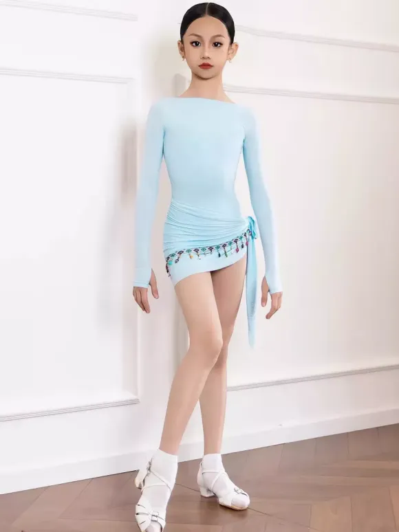 Latin Dance Dresses Light Sky Blue Womens Girls Adult Shaping Set Long Sleeves Chain Lace Dance Costumes