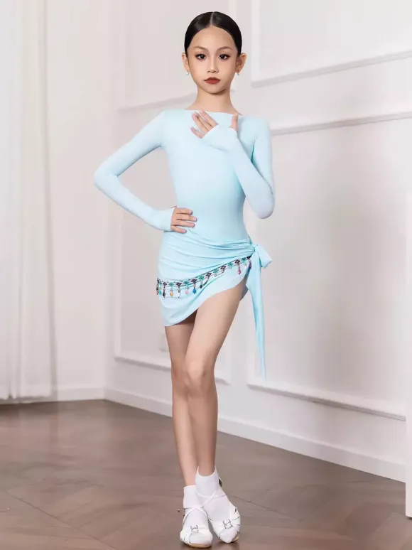 Latin Dance Dresses Light Sky Blue Womens Girls Adult Shaping Set Long Sleeves Chain Lace Dance Costumes