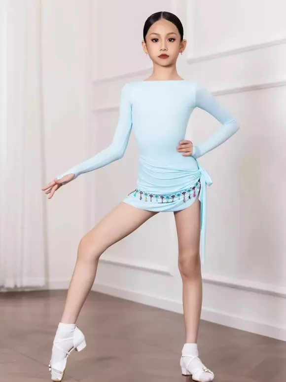 Latin Dance Dresses Light Sky Blue Womens Girls Adult Shaping Set Long Sleeves Chain Lace Dance Costumes
