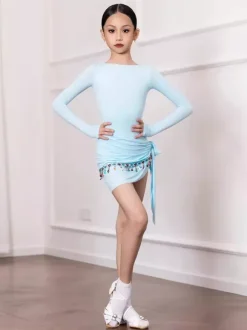 Latin Dance Dresses Light Sky Blue Womens Girls Adult Shaping Set Long Sleeves Chain Lace Dance Costumes