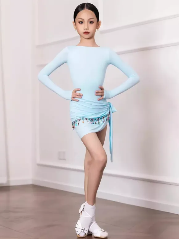 Latin Dance Dresses Light Sky Blue Womens Girls Adult Shaping Set Long Sleeves Chain Lace Dance Costumes