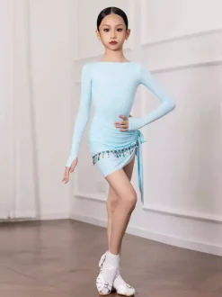 Latin Dance Dresses Light Sky Blue Womens Girls Adult Shaping Set Long Sleeves Chain Lace Dance Costumes