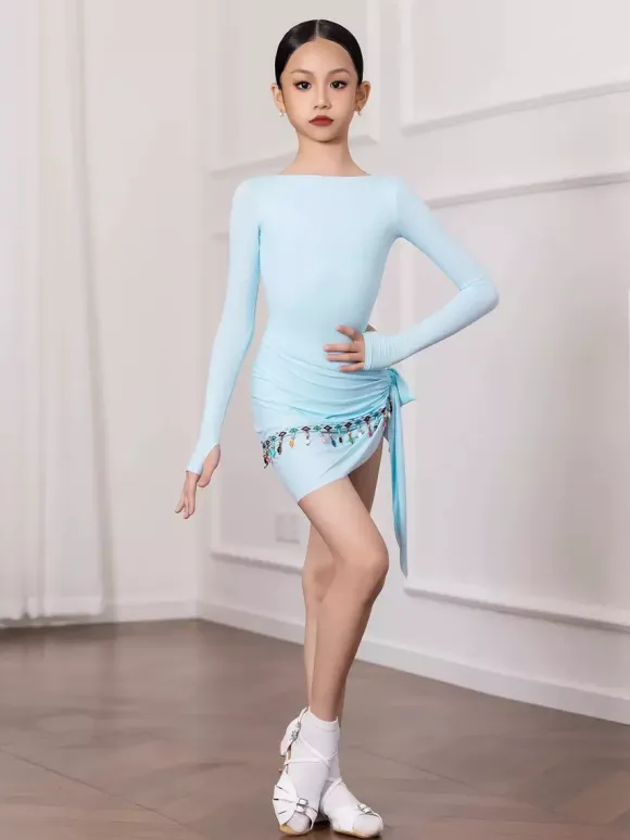 Latin Dance Dresses Light Sky Blue Womens Girls Adult Shaping Set Long Sleeves Chain Lace Dance Costumes
