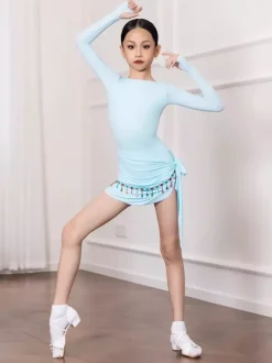 Latin Dance Dresses Light Sky Blue Womens Girls Adult Shaping Set Long Sleeves Chain Lace Dance Costumes