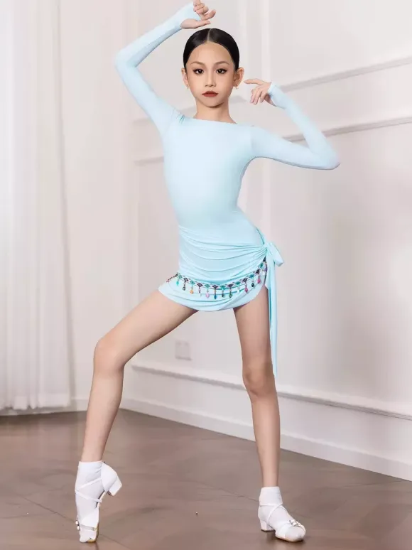 Latin Dance Dresses Light Sky Blue Womens Girls Adult Shaping Set Long Sleeves Chain Lace Dance Costumes