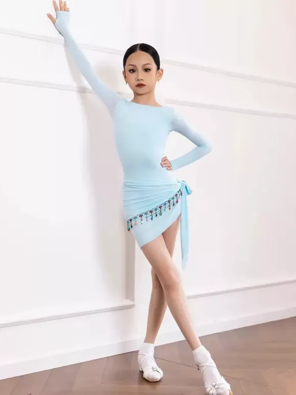 Latin Dance Dresses Light Sky Blue Womens Girls Adult Shaping Set Long Sleeves Chain Lace Dance Costumes