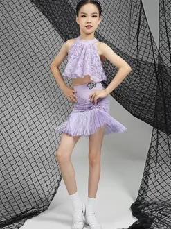 Latin Dance Dresses Purple Girl's Set Polyester Top Skirt Dancing Wear