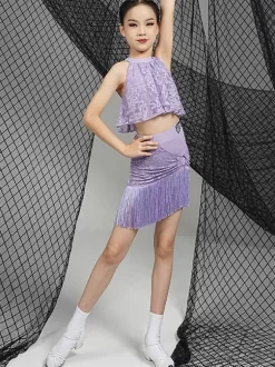 Latin Dance Dresses Purple Girl's Set Polyester Top Skirt Dancing Wear