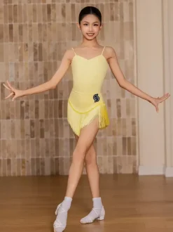 Latin Dance Dresses Yellow Girl's Adult Tassel Shapping Latin Dance Costumes