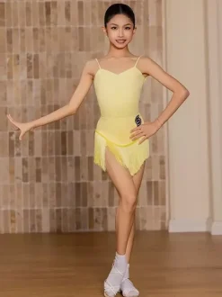 Latin Dance Dresses Yellow Girl's Adult Tassel Shapping Latin Dance Costumes
