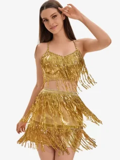 Latin Dance Gold Sequins Fringe Set Sexy Skirt Top Dancing Costume