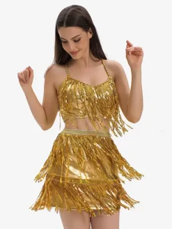 Latin Dance Gold Sequins Fringe Set Sexy Skirt Top Dancing Costume