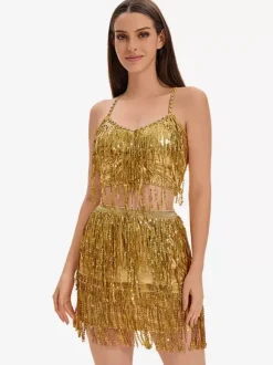Latin Dance Gold Sequins Fringe Set Sexy Skirt Top Dancing Costume