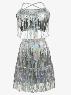 Latin Dance Gold Sequins Fringe Set Sexy Skirt Top Dancing Costume