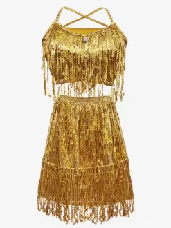 Latin Dance Gold Sequins Fringe Set Sexy Skirt Top Dancing Costume