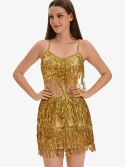 Latin Dance Gold Sequins Fringe Set Sexy Skirt Top Dancing Costume