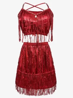 Latin Dance Gold Sequins Fringe Set Sexy Skirt Top Dancing Costume
