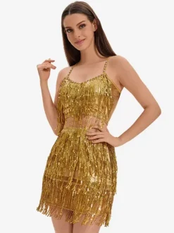 Latin Dance Gold Sequins Fringe Set Sexy Skirt Top Dancing Costume