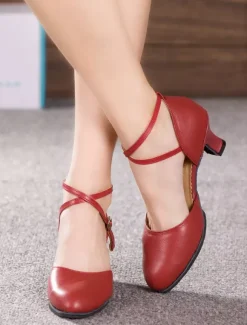 Latin Dance Shoes Black Cowhide Round Toe Criss Cross Ballroom Shoes
