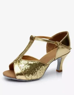 Latin Dance Shoes Glitter Open Toe T Type Dancing Shoes Gold Ballroom Shoes