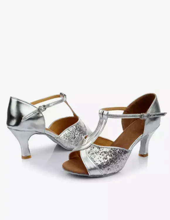 Latin Dance Shoes Glitter Open Toe T Type Dancing Shoes Gold Ballroom Shoes