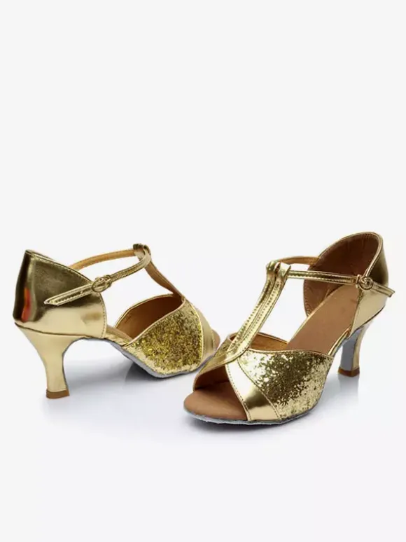 Latin Dance Shoes Glitter Open Toe T Type Dancing Shoes Gold Ballroom Shoes