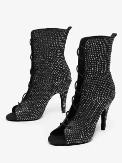 Latin Dance Shoes PU Leather Black Peep Toe Rhinestones Dance Shoes