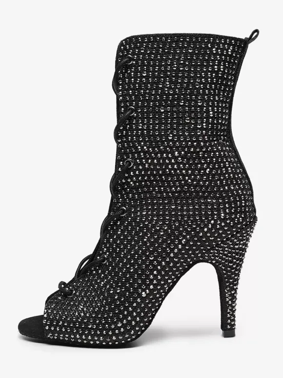 Latin Dance Shoes PU Leather Black Peep Toe Rhinestones Dance Shoes