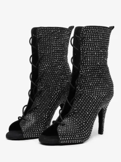 Latin Dance Shoes PU Leather Black Peep Toe Rhinestones Dance Shoes