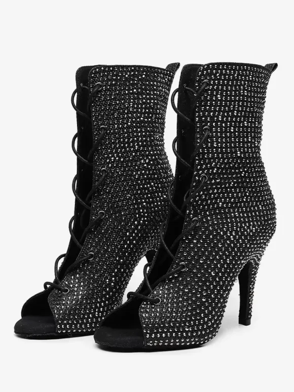 Latin Dance Shoes PU Leather Black Peep Toe Rhinestones Dance Shoes