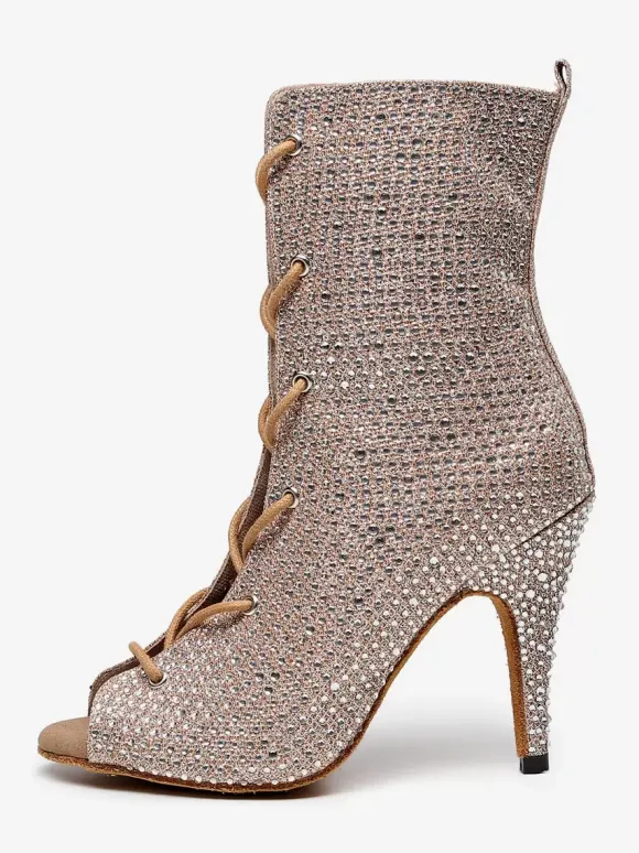 Latin Dance Shoes PU Leather Black Peep Toe Rhinestones Dance Shoes