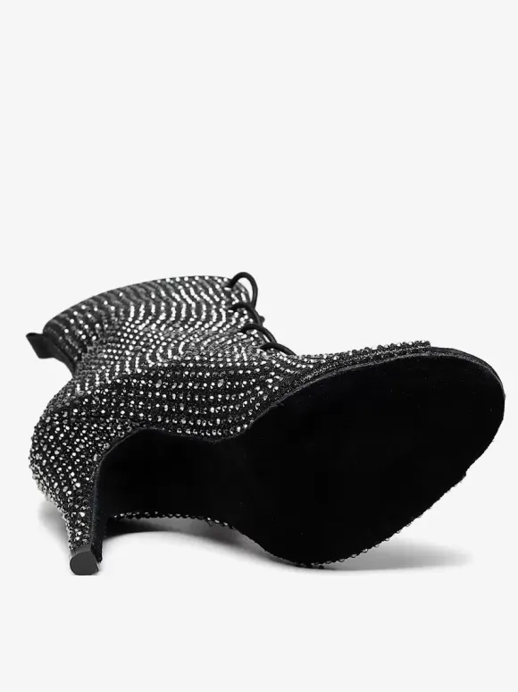 Latin Dance Shoes PU Leather Black Peep Toe Rhinestones Dance Shoes