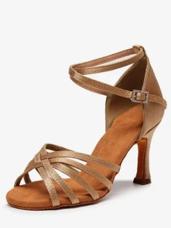 Latin Dance Shoes Satin Coffee Brown Peep Toe Stiletto Heel Satin Dance Latin Shoes
