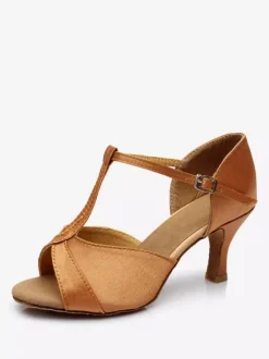 Latin Dance Shoes Satin Heels Apricot Peep Toe Ballroom Dance Shoes