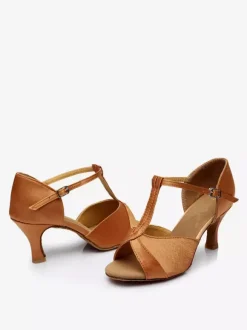 Latin Dance Shoes Satin Heels Apricot Peep Toe Ballroom Dance Shoes