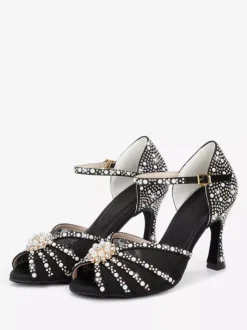 Latin Dance Shoes Satin Open Toe Pearls Buckle Detail Ballroom Shoes