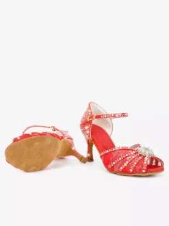 Latin Dance Shoes Satin Open Toe Pearls Buckle Detail Ballroom Shoes