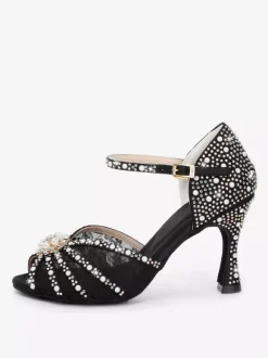Latin Dance Shoes Satin Open Toe Pearls Buckle Detail Ballroom Shoes