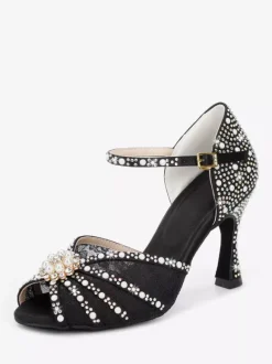 Latin Dance Shoes Satin Open Toe Pearls Buckle Detail Ballroom Shoes