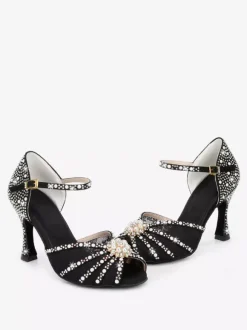 Latin Dance Shoes Satin Open Toe Pearls Buckle Detail Ballroom Shoes