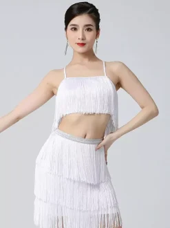 Latin Dress White Girl's Polyester Fringe Back Cross Straps Latin Dancer Dancing Costume